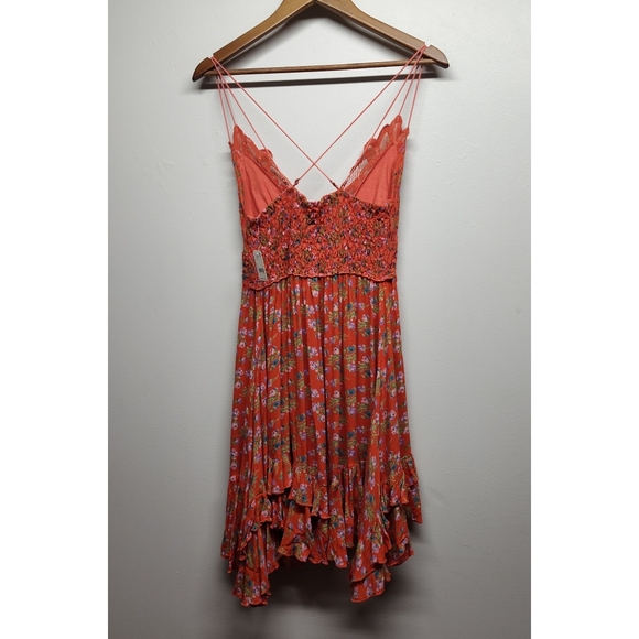 New Free People Mini Dress Women Size L Red Floral Sleeveless Ruffle Whimsical - Picture 4 of 10